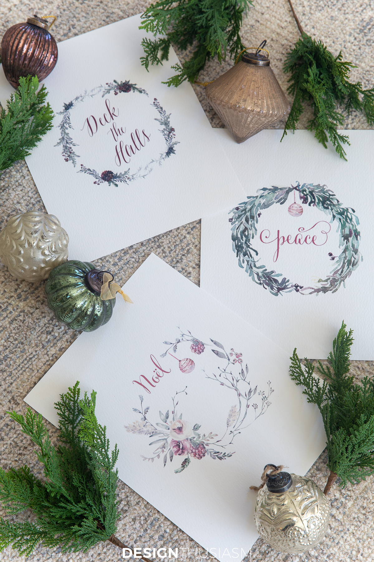 Christmas wreath printables on watercolor paper