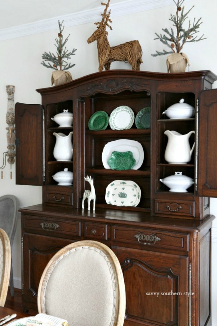 antique French hutch decorated for Christmas