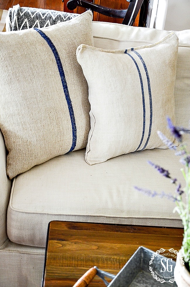 GRAIN SACK PILLOW- blue stripes-bstonegableblog
