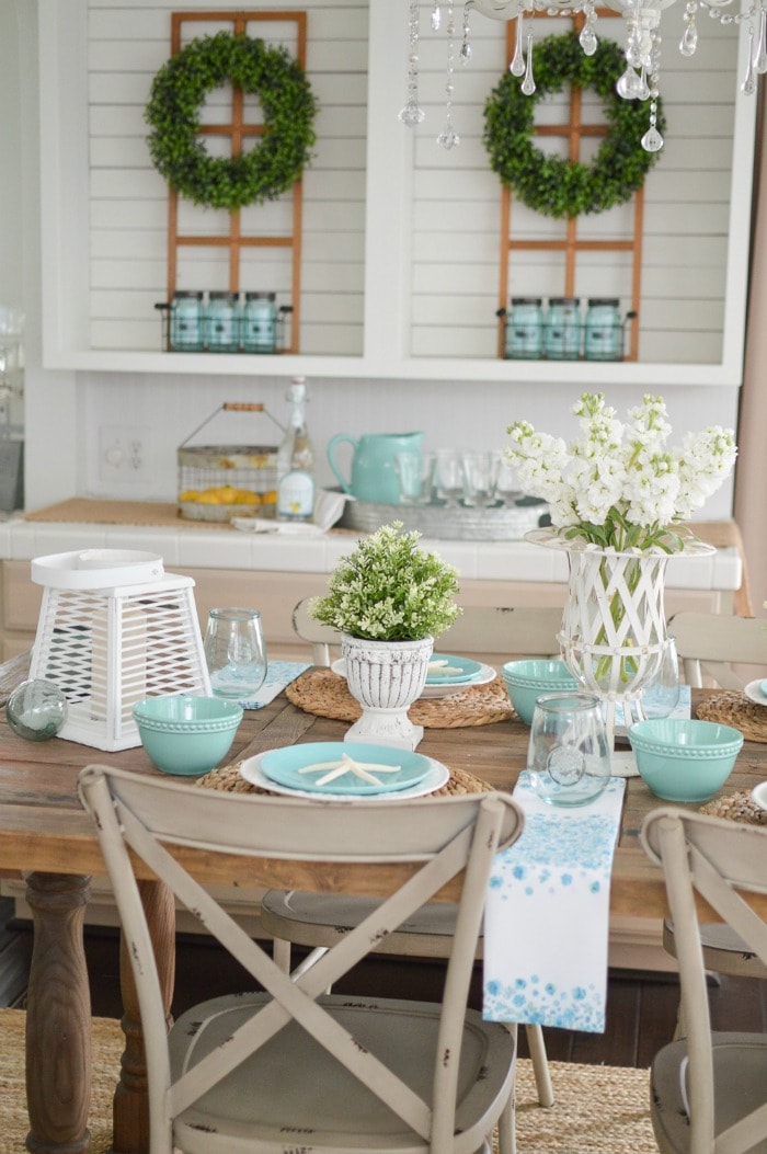 Aqua-Coastal-Cottage-Farmhouse-Table-Decorating-Ideas-foxhollowcottage.com Spring-Summer