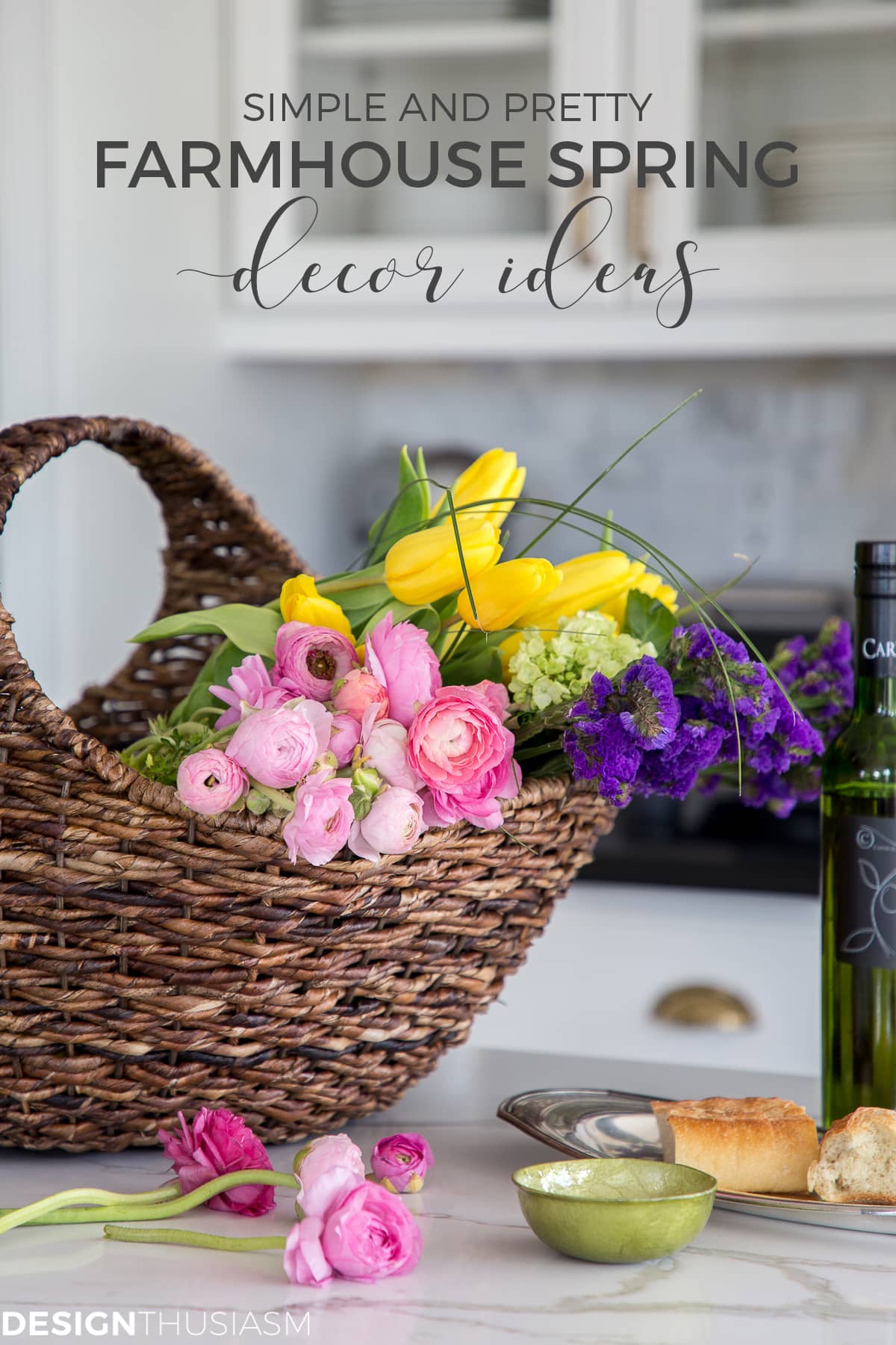 farmhouse spring decor ideas basket of flowers
