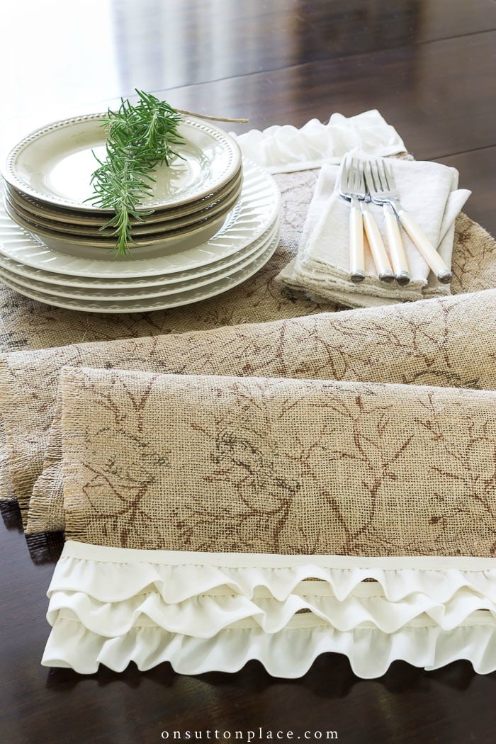 Burlap Ruffled Table Runner from On Sutton Place