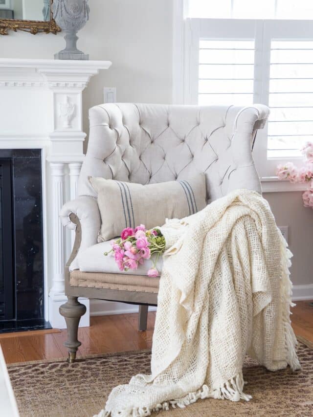 farmhouse spring decor chair with throw and pillow