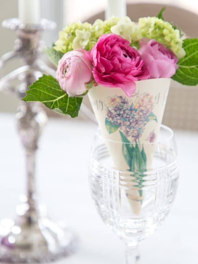 spring printable paper cone posy in a wine glass