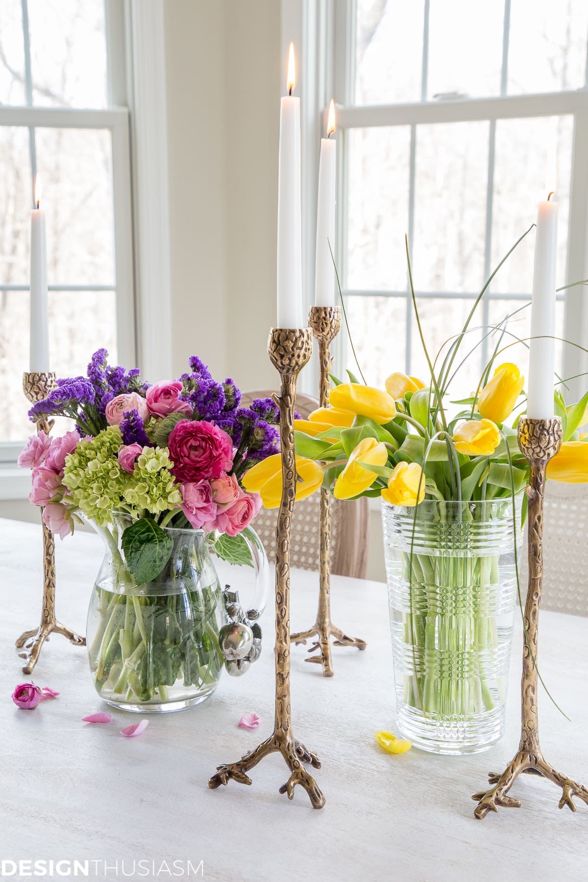 farmhouse spring decor flowers and candlesticks