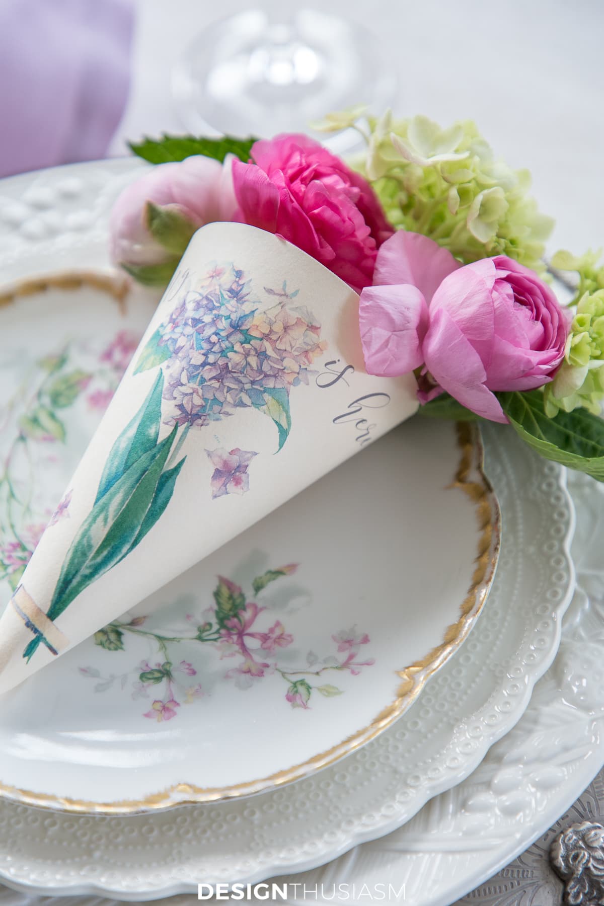 printable paper cone posy on china plate