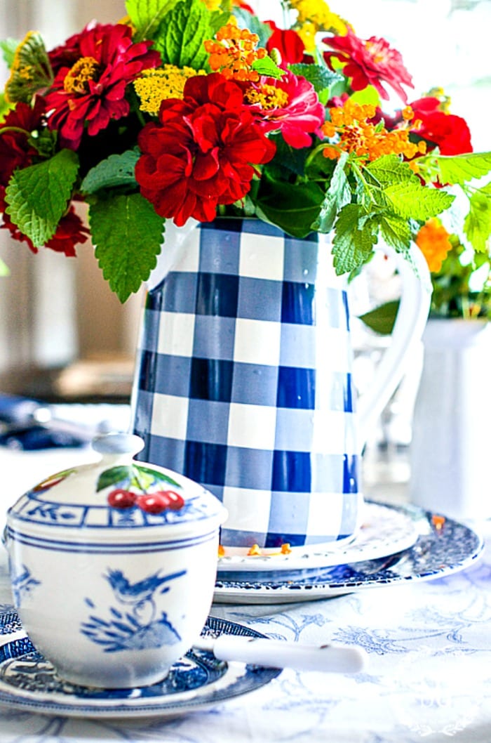 BLUE AND WHITE FARMHOUSE BREAKFAST-pot-of-flowers-stonegableblog
