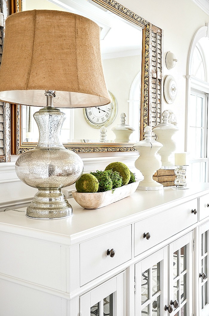 HOW TO DECORATE FOR SPRING AFTER EASTER- moss balls in wooden dough bowl