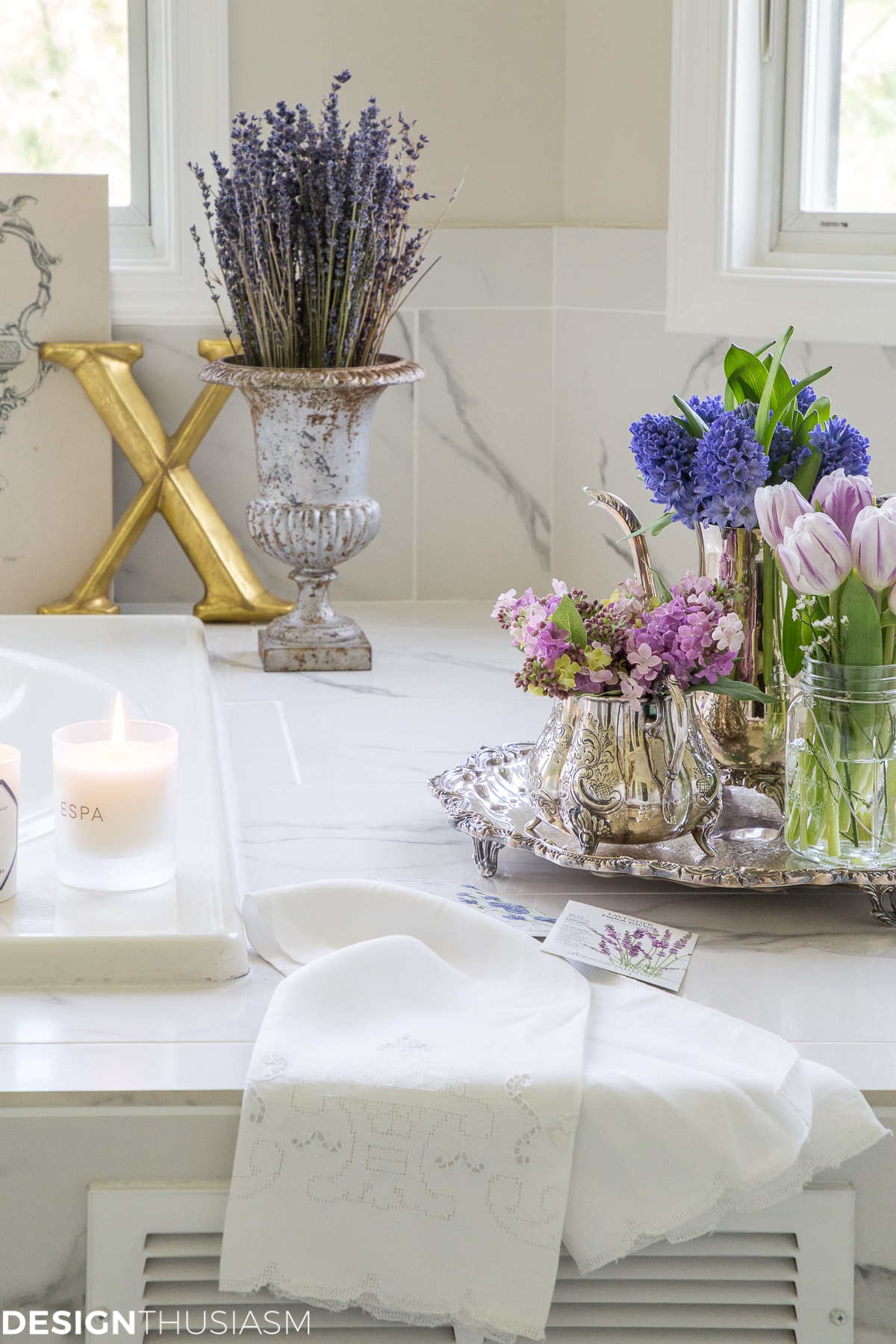 summer refresh bathroom decor with purple flowers