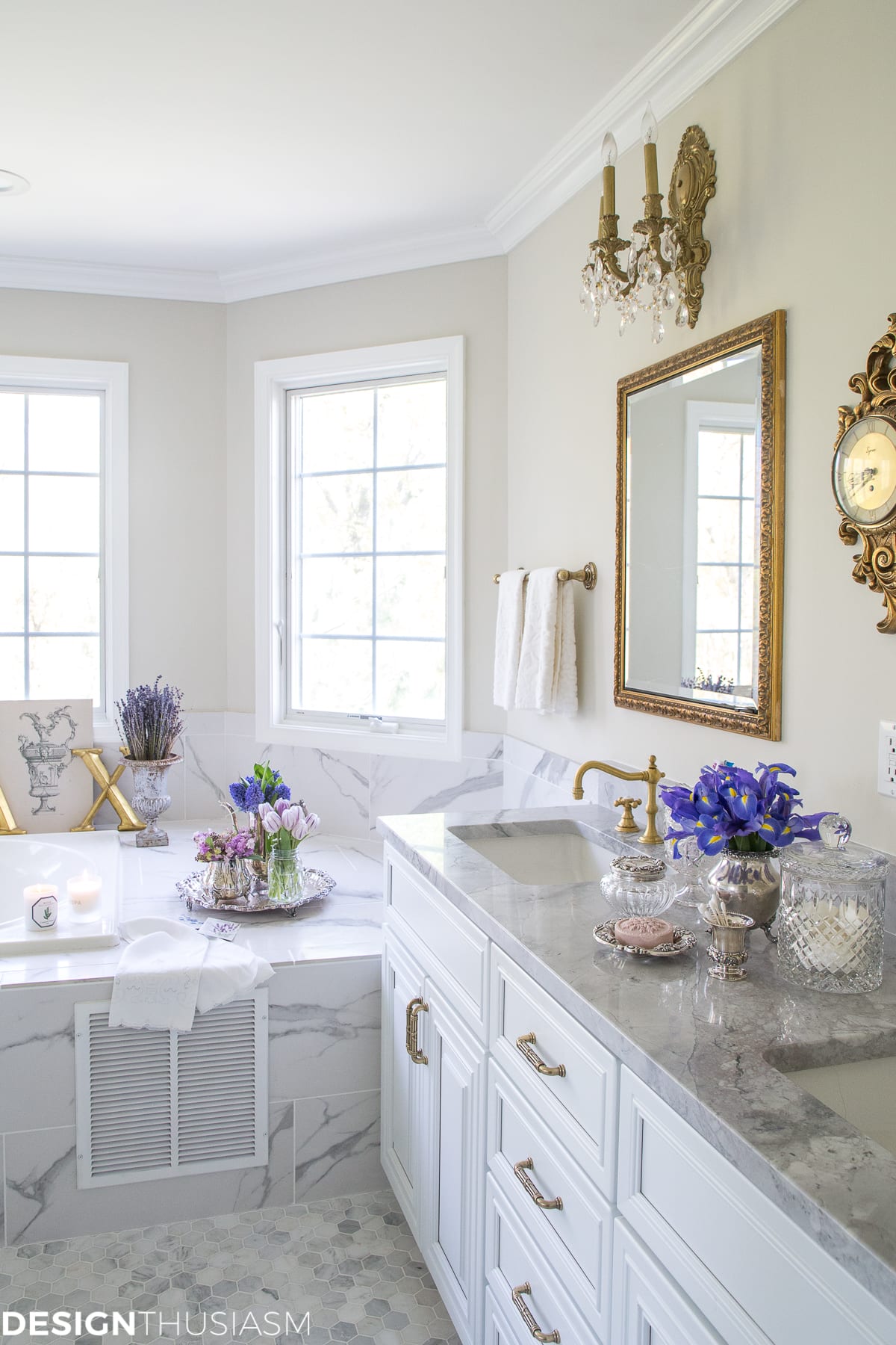 summer refresh white bathroom decor with purple flowers