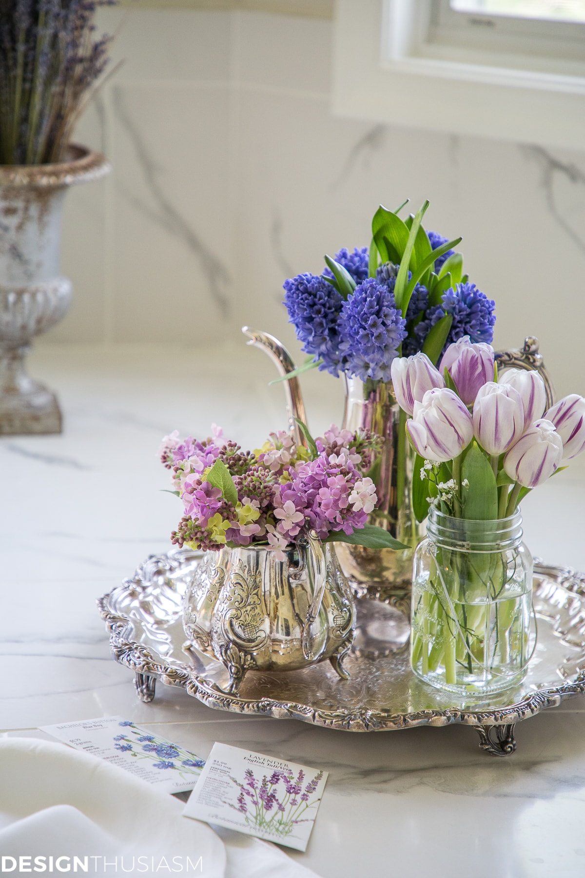 summer refresh bathroom decor flowers on a silver tray