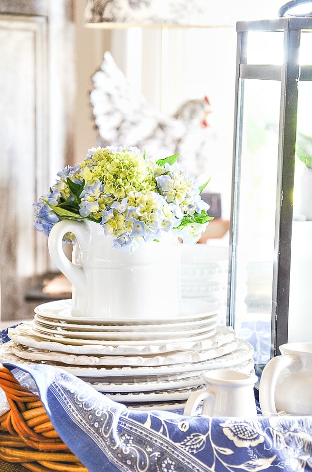5 TIPS TO CREATE A SUMMERY KITCHEN VIGNETTE-pitcher of hydrangeas-stonegableblog