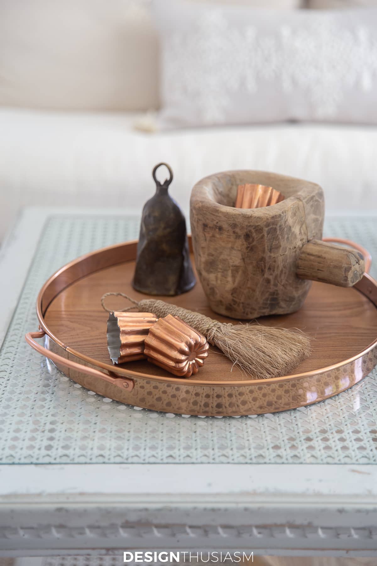 copper tray on a coffee table