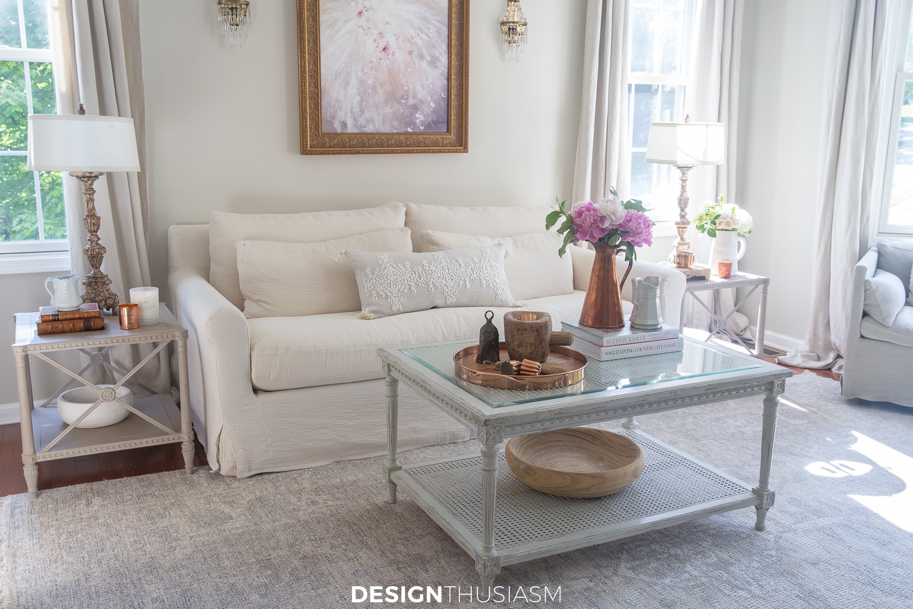 copper accents in a cream living room