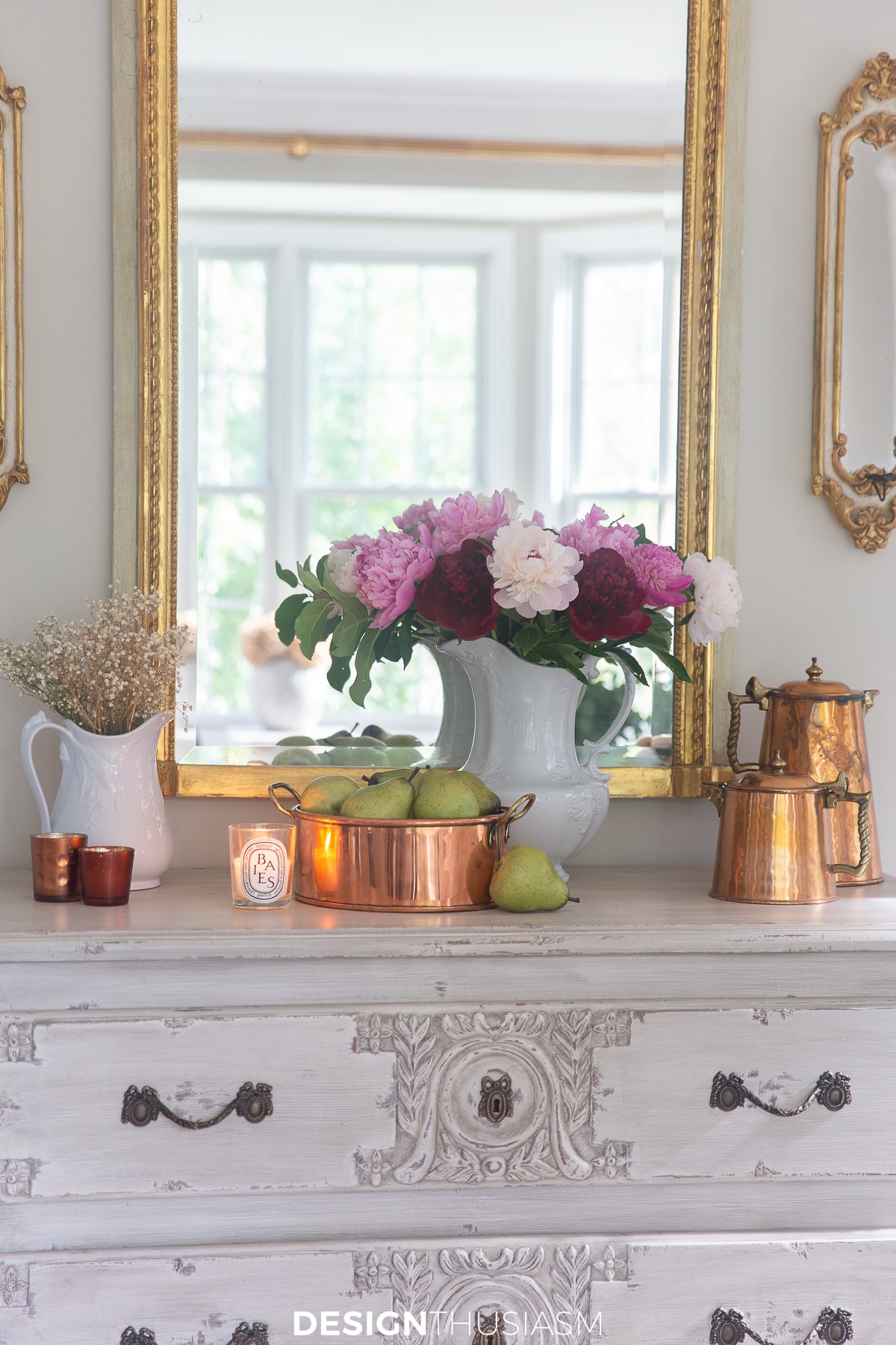 copper pots and planters in the living room