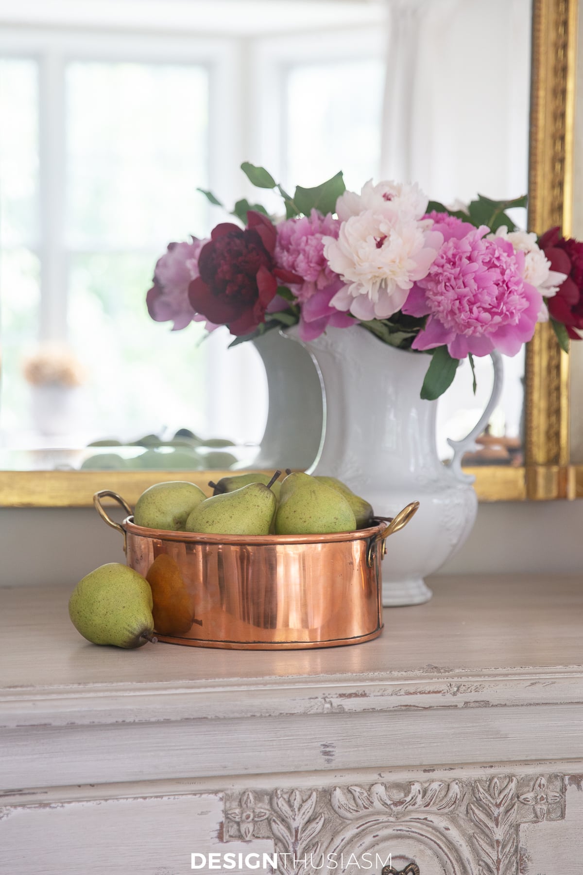copper planter with pears and peonies in an ironstone pitcher