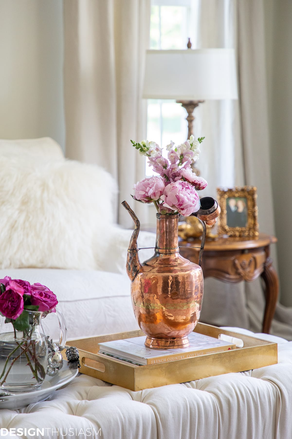 living room decor with pink and copper accents