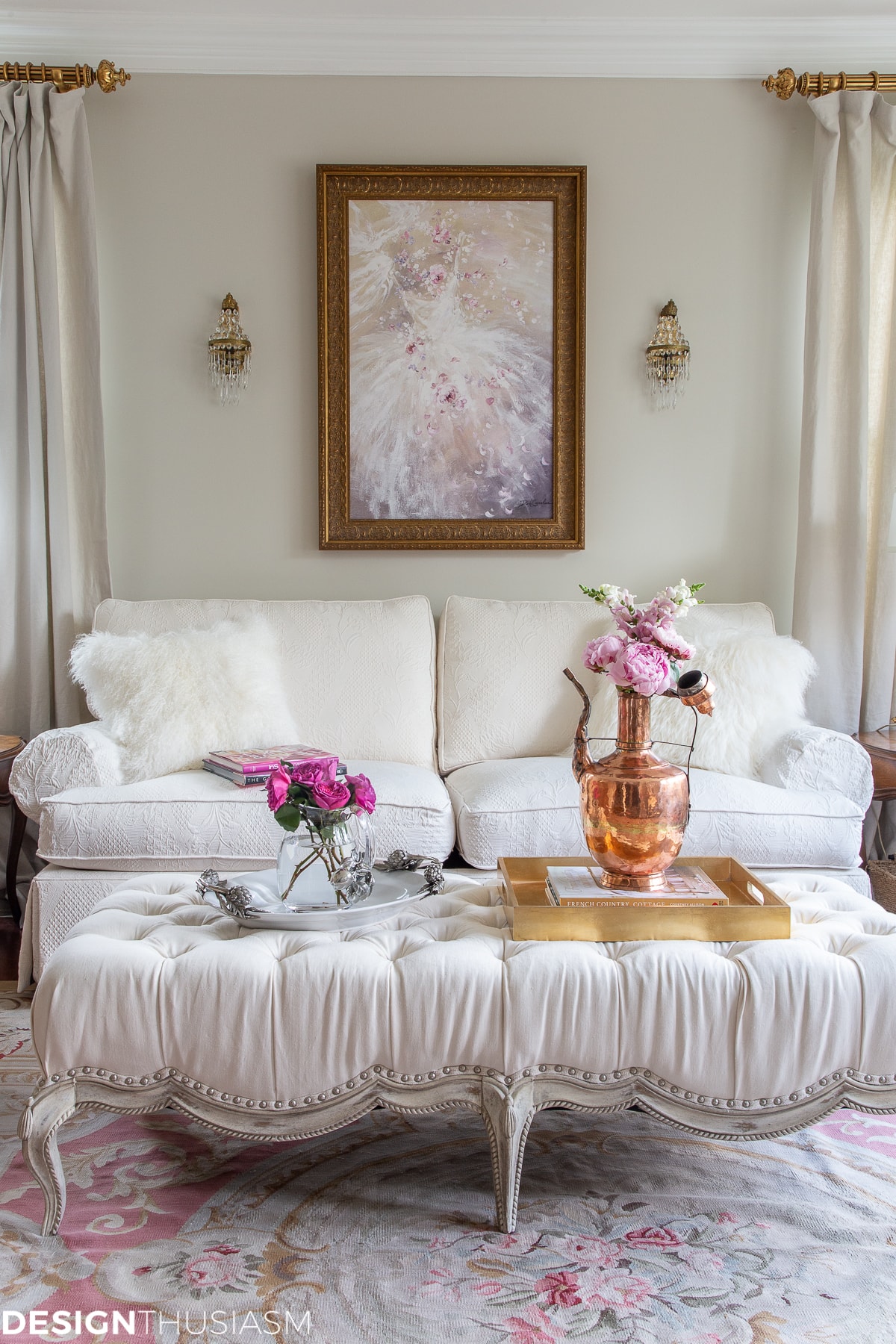living room decor with pink and copper accents