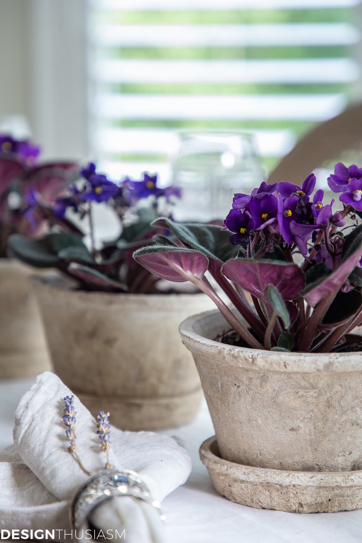 summer tablescape with african violets in clay pots