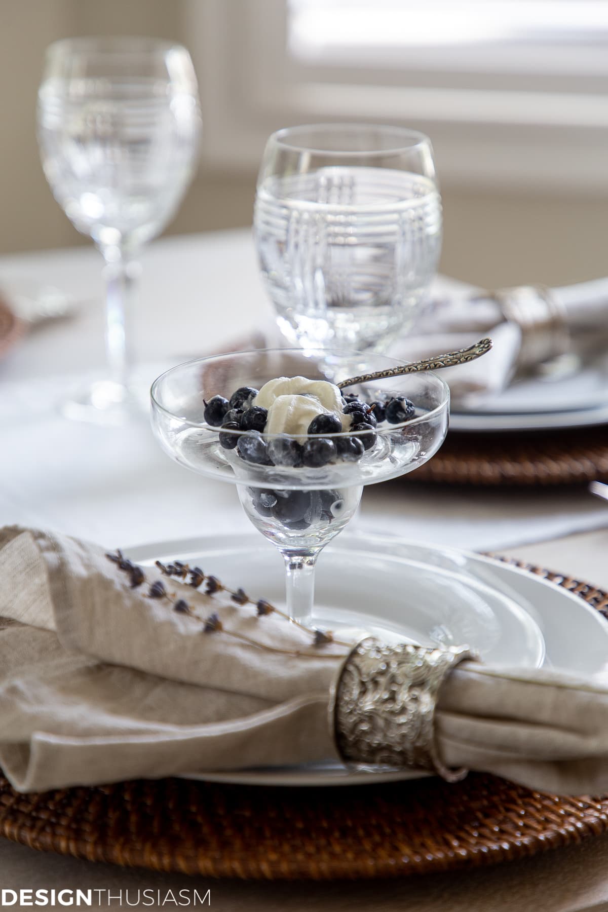 blueberries and cream in a summer tablescape
