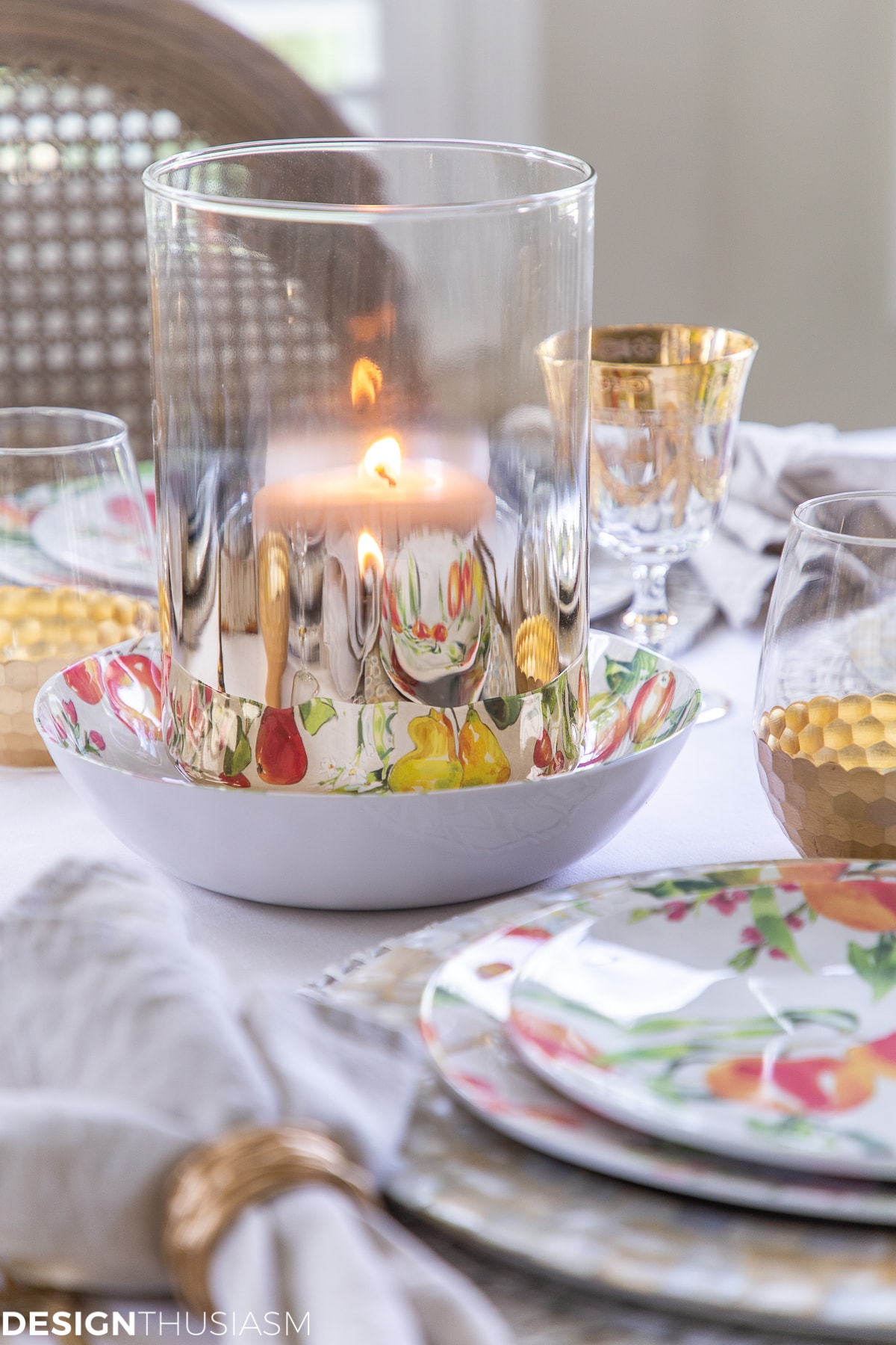 gold hurricanes in an informal table setting