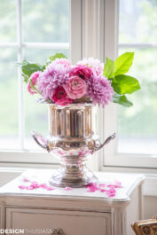 flowers in a silver bucket