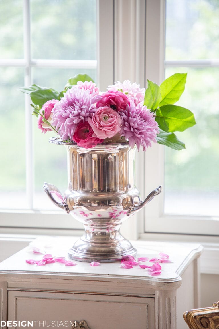flowers in a silver bucket
