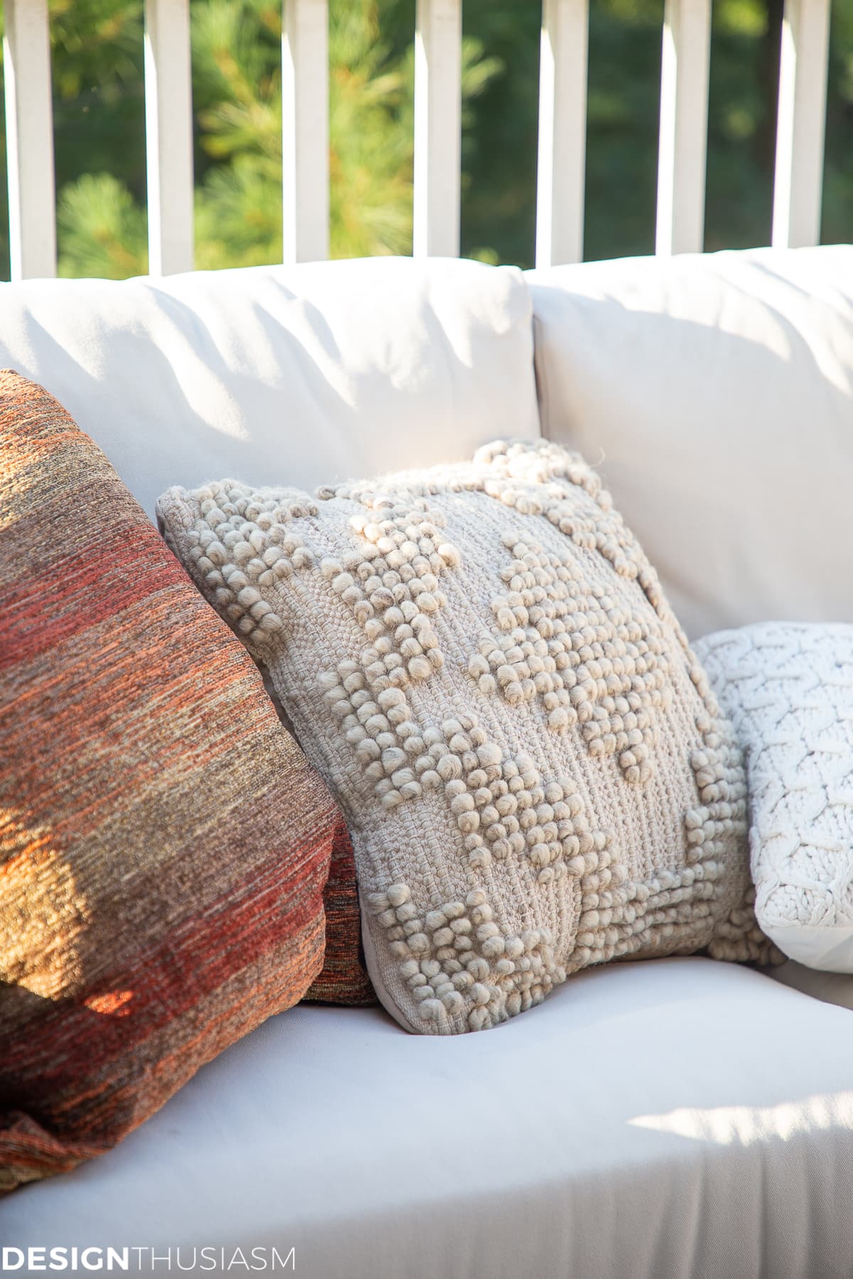 fall pillows on the outdoor sectional