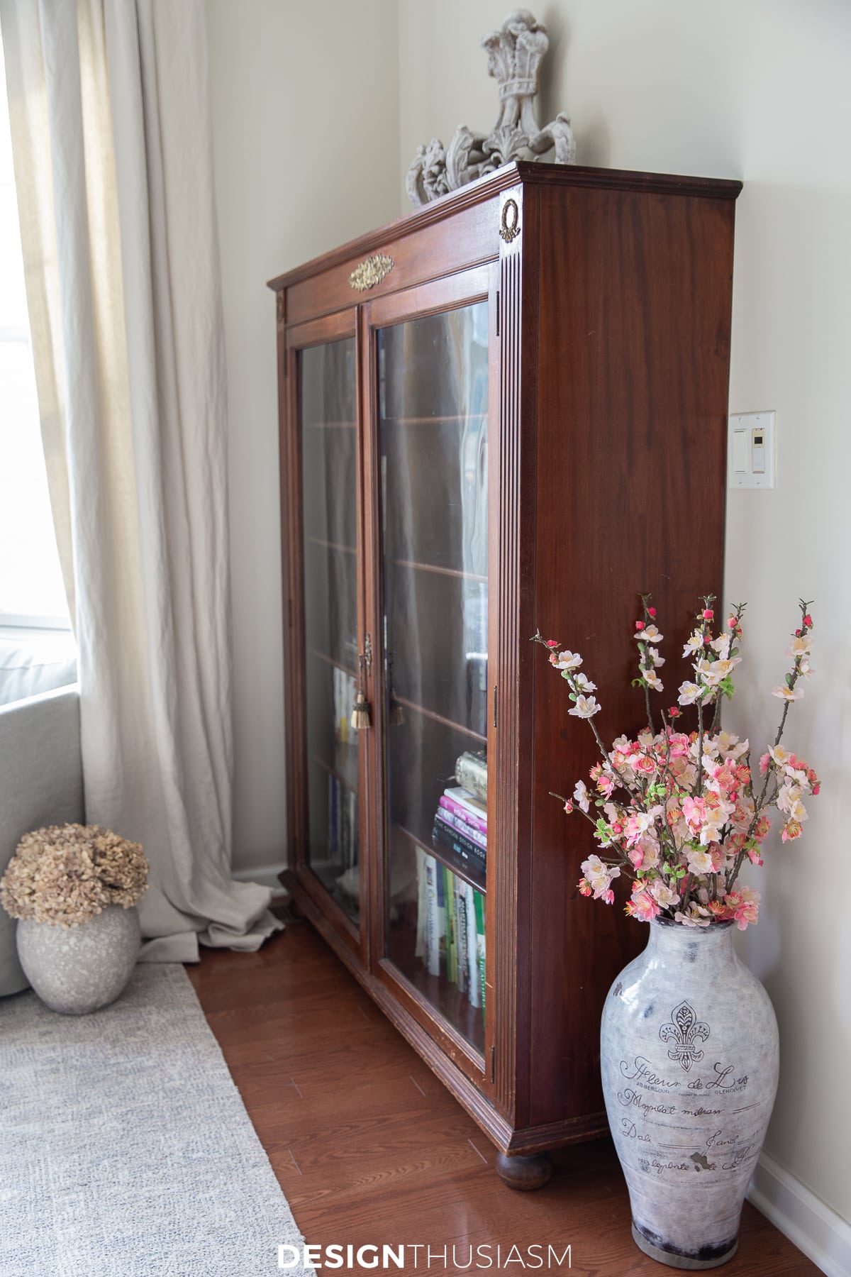 pink glam living room bookcase