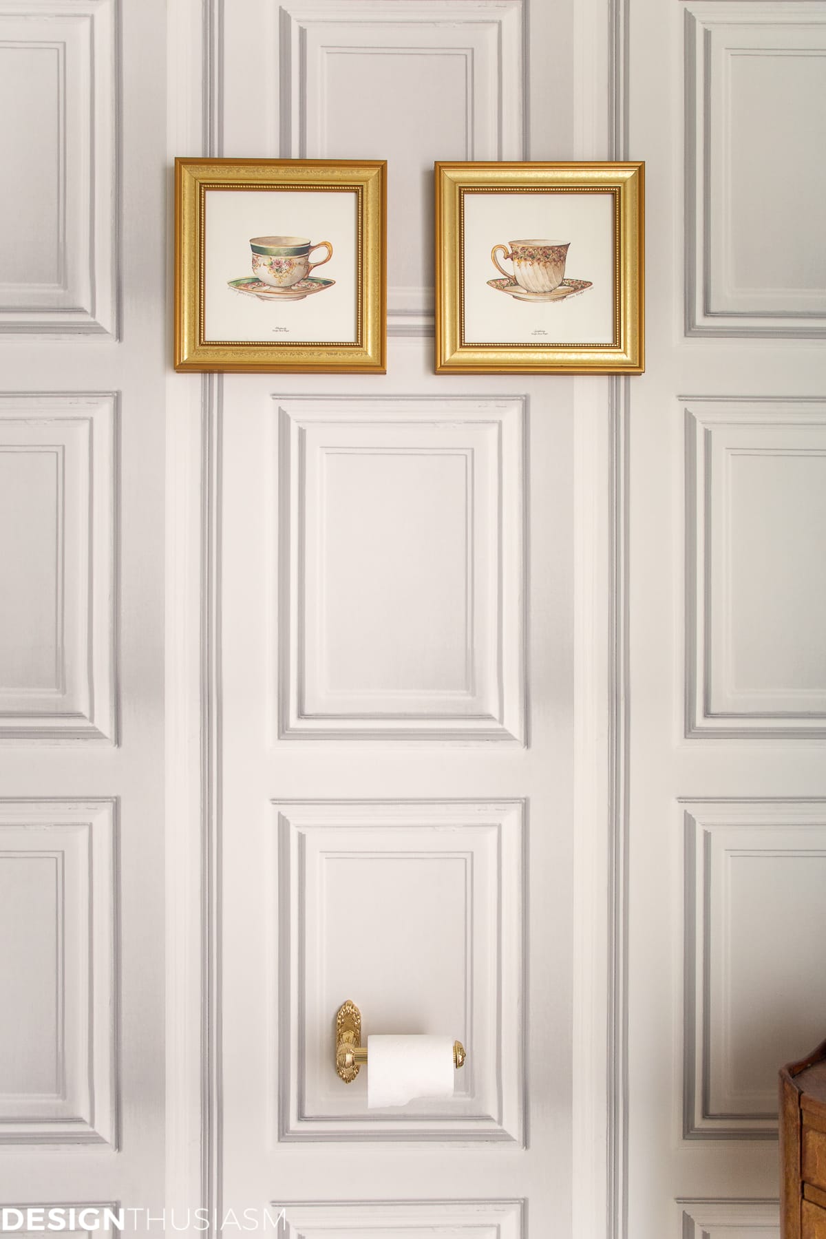 powder room wallpaper and teacup prints