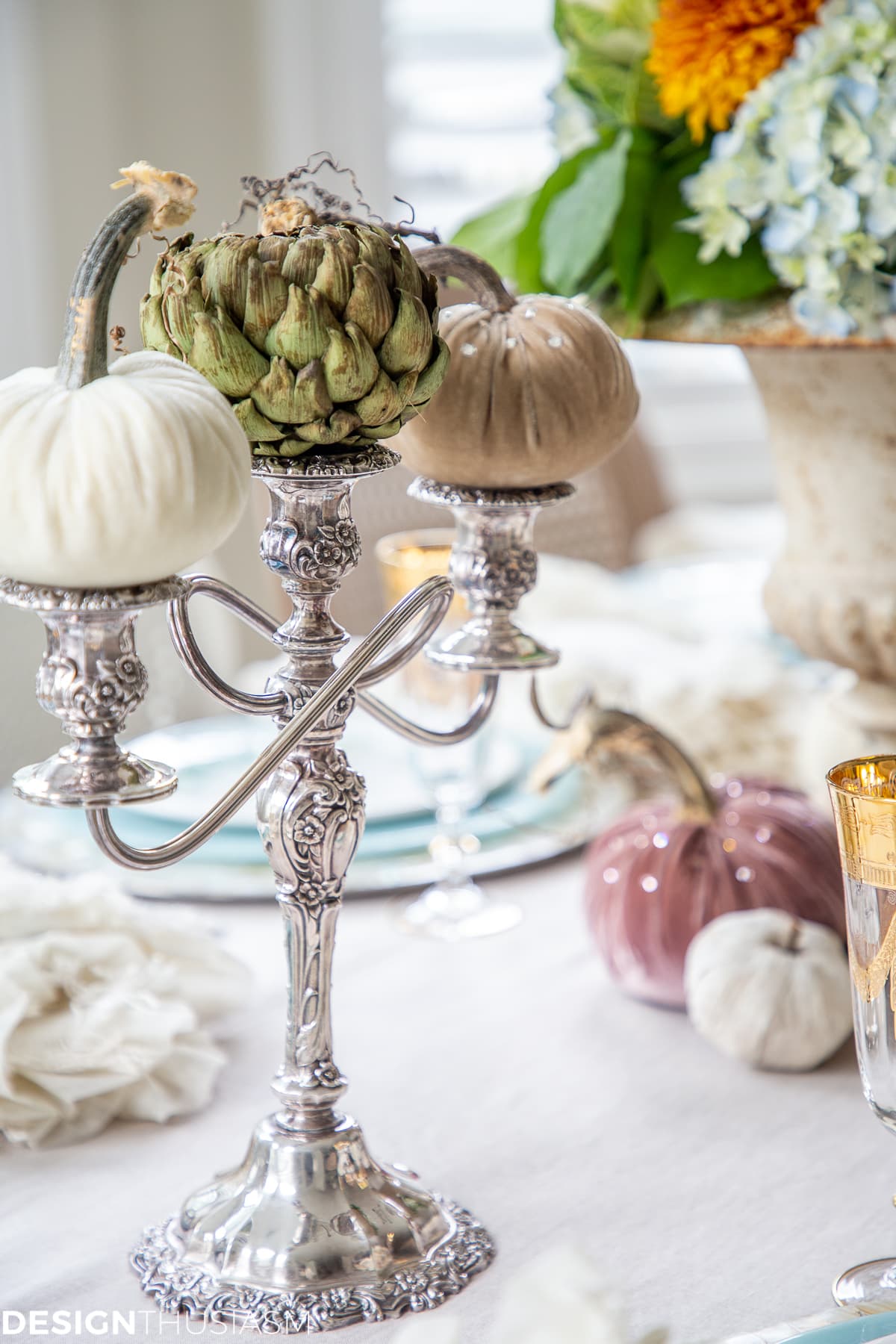 fall table decor candelabra with pumpkins