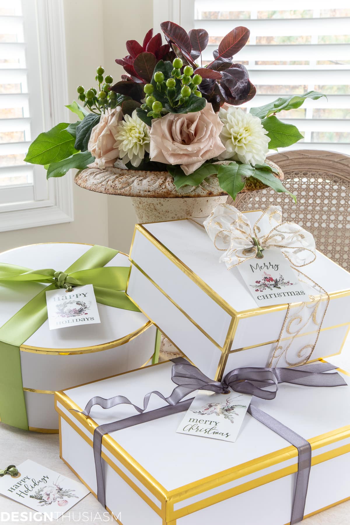 Christmas gift tags and ribbon on gifts