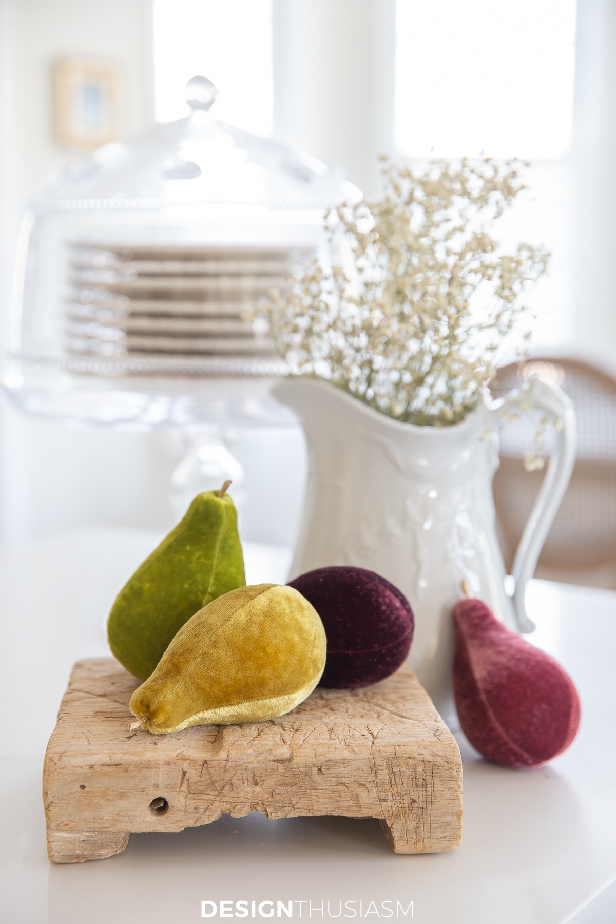 Plush Pumpkin pears in white ironstone pitcher