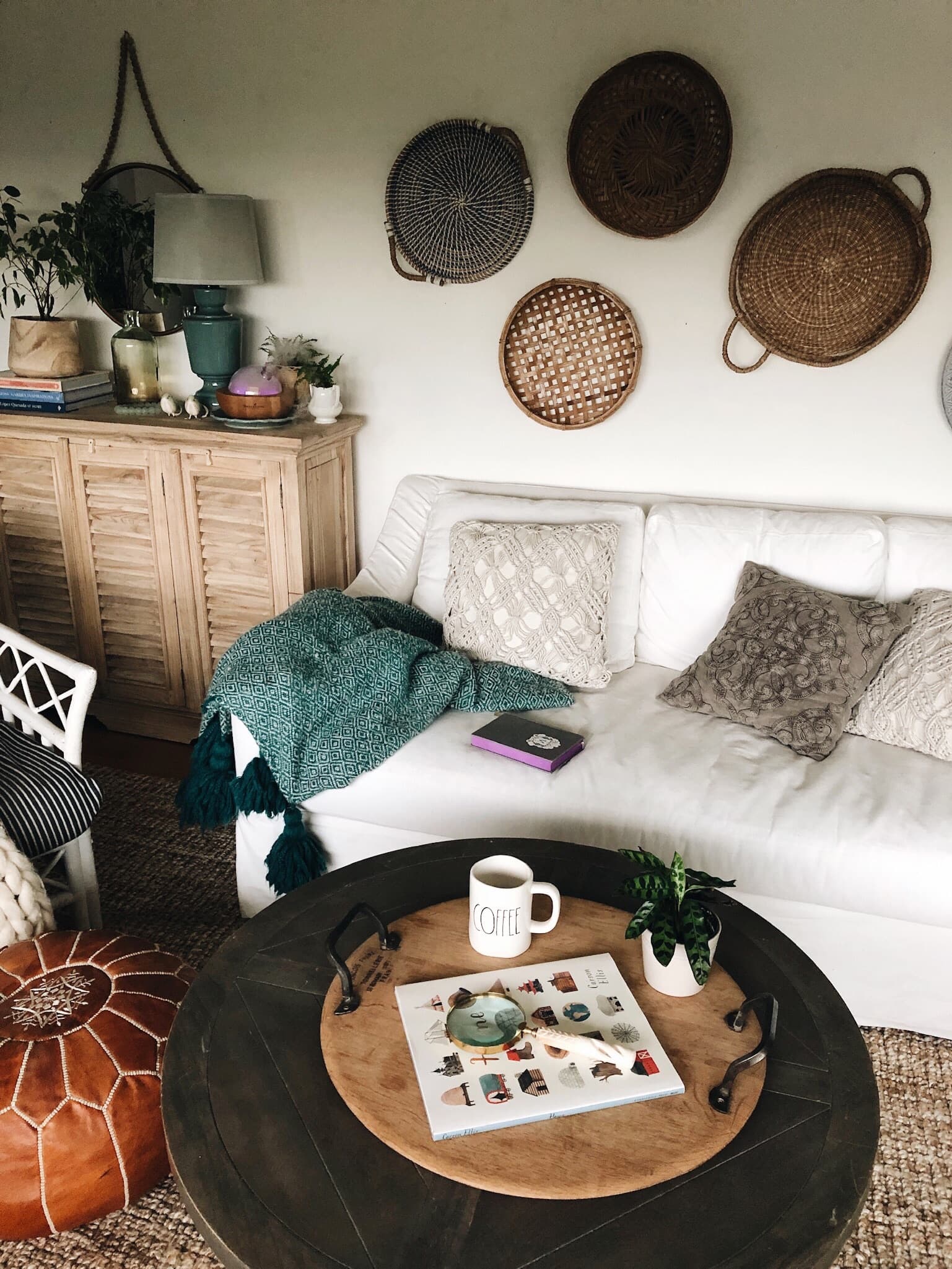 The best way to start your day - Cozy-living-room-decor-Baskets-on-wall