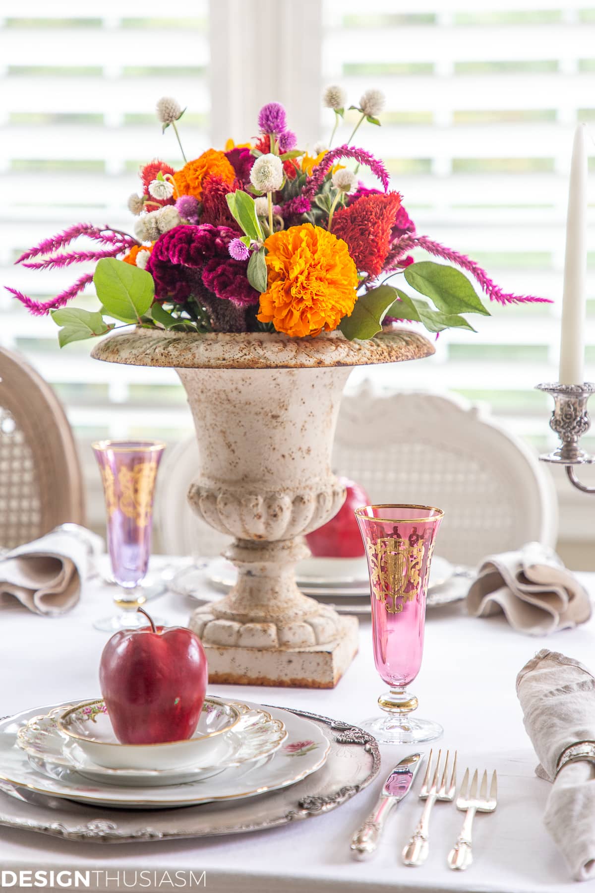 apple decor fall table setting with colorful floral