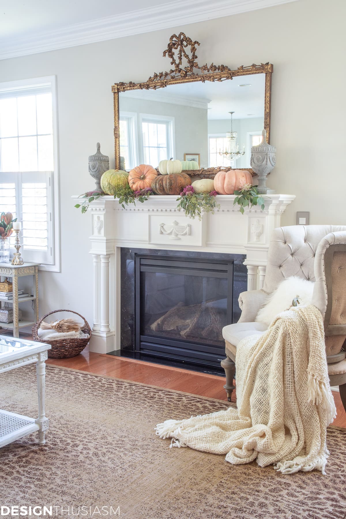 fall living room mantel decorating with pumpkins 