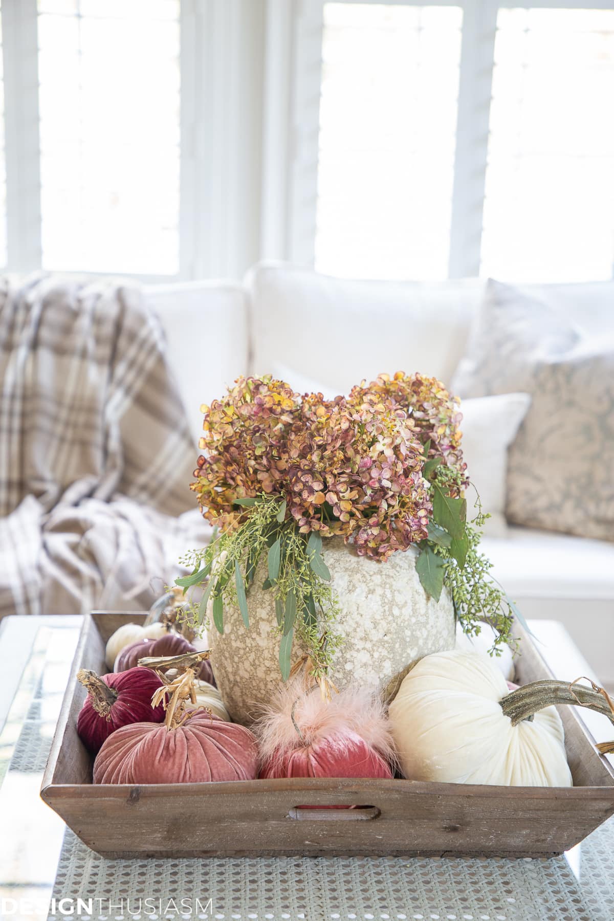 fall living room decor decorating with velvet pumpkins 