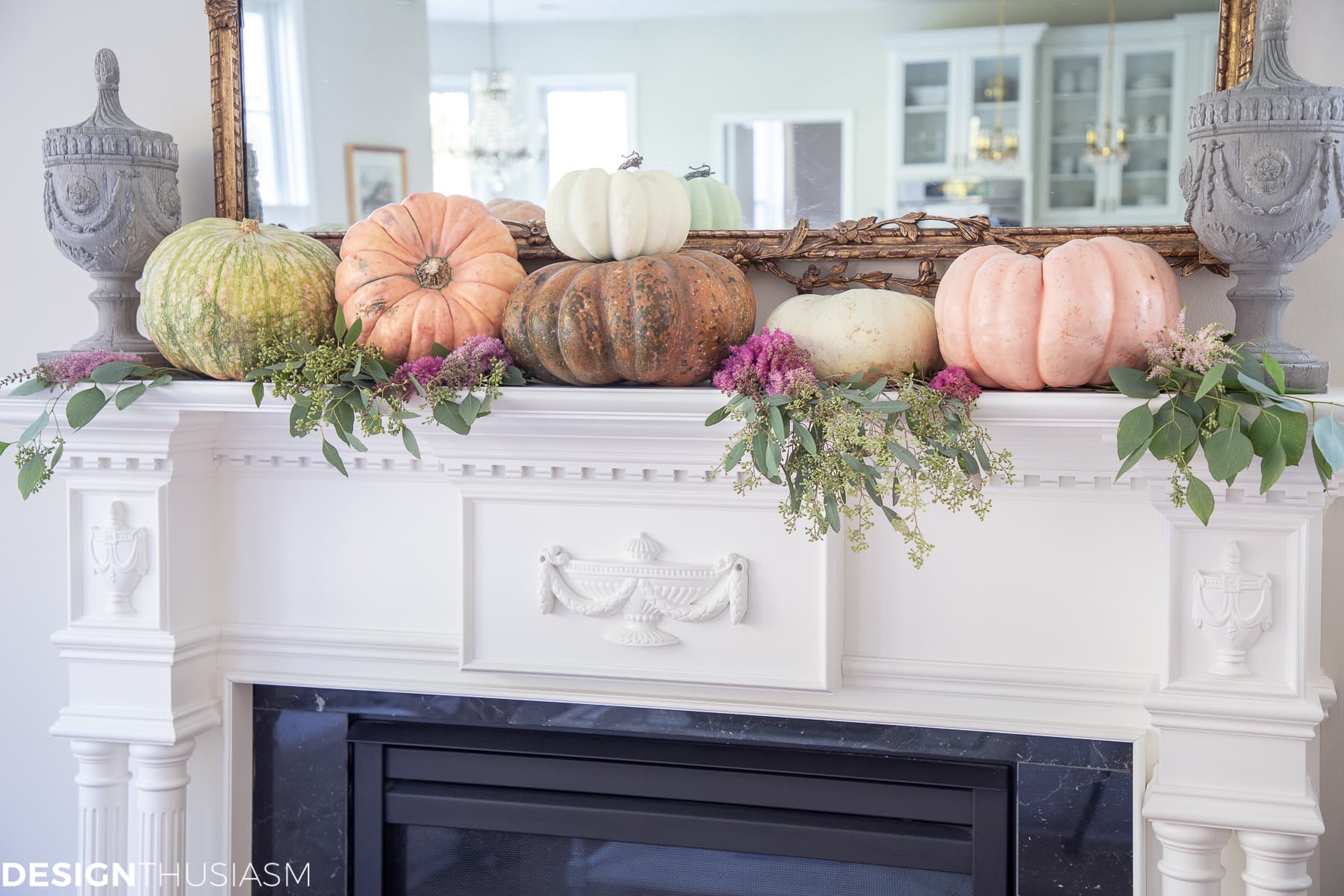 fall living room mantel decorating with pumpkins 