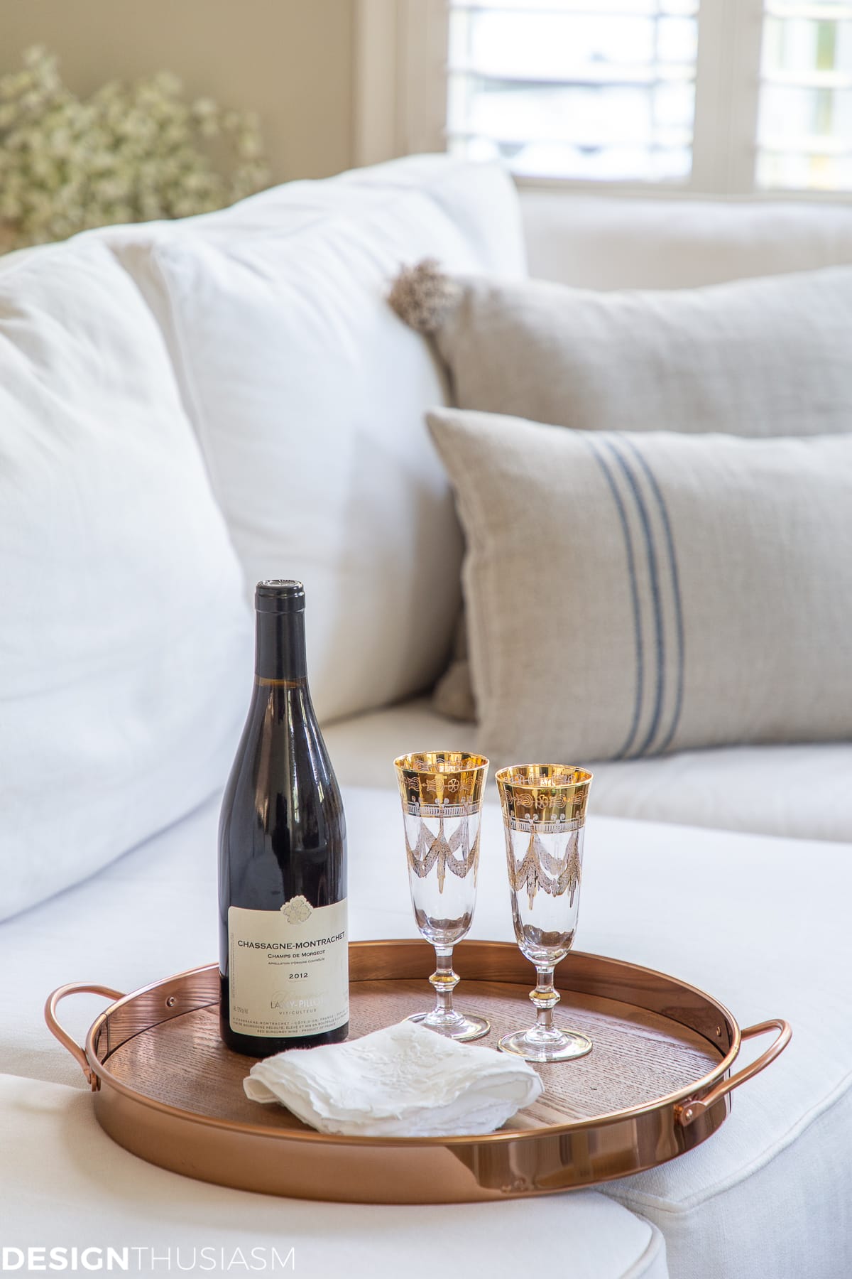 fall living room decor wine on copper tray