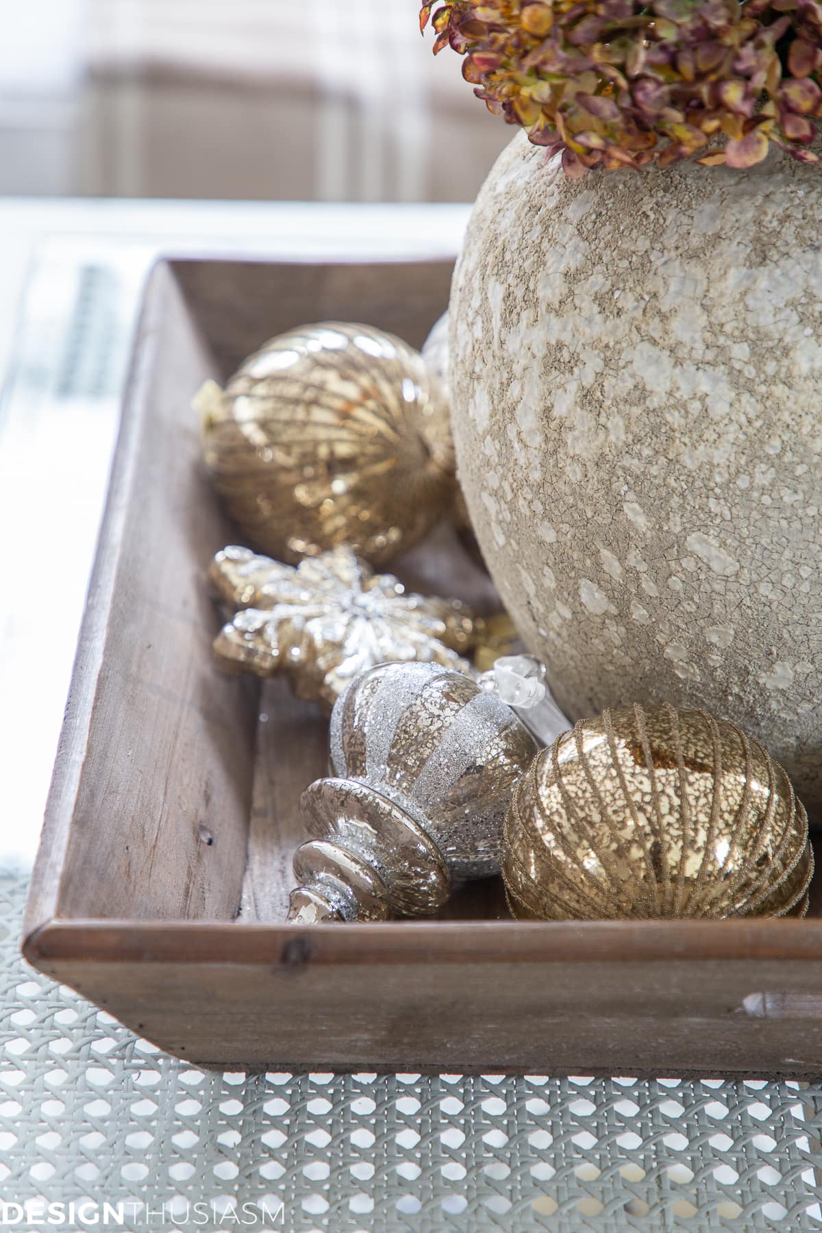 Christmas living room decorating with metallic ornaments