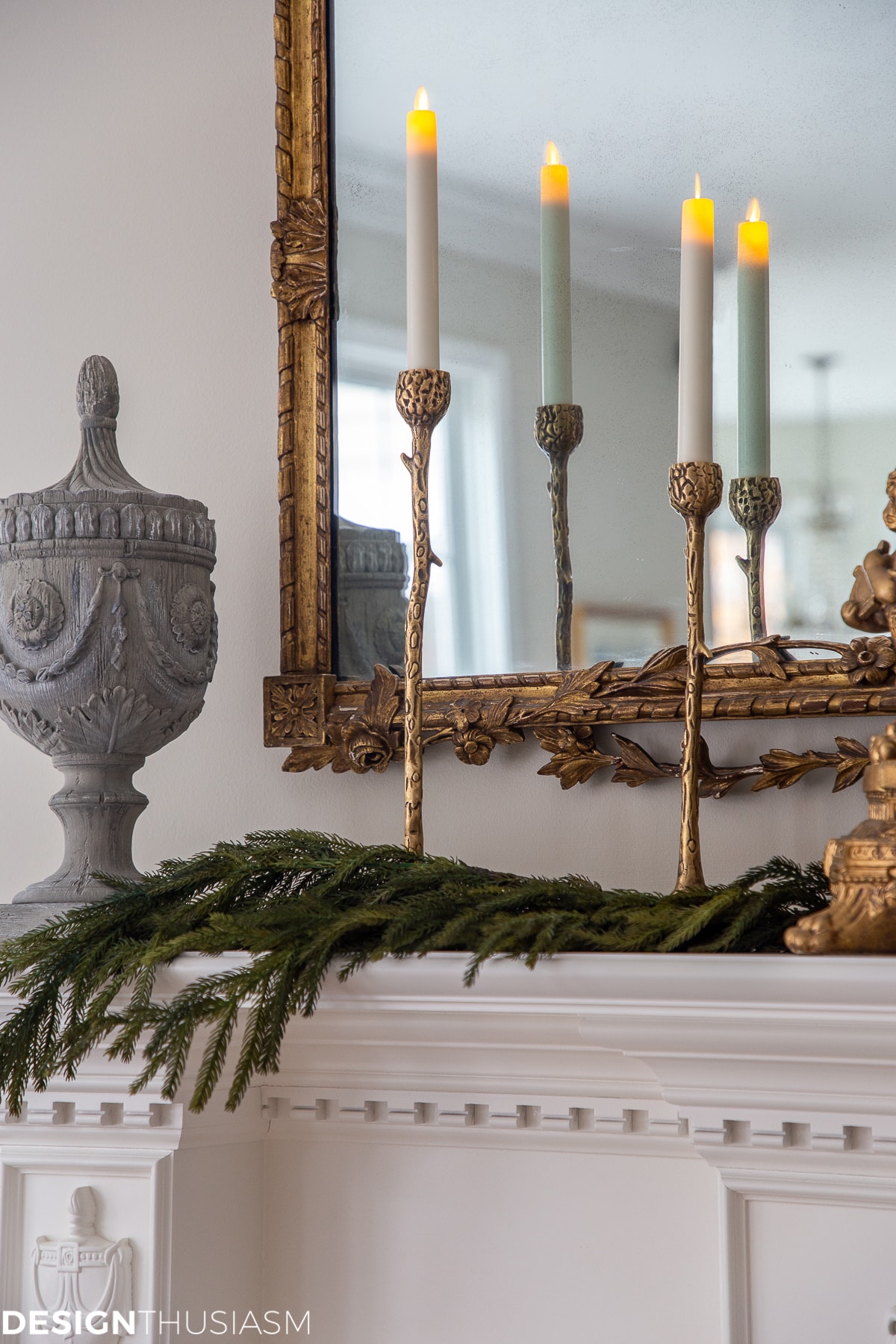 Christmas living room decorating with metallic candlesticks