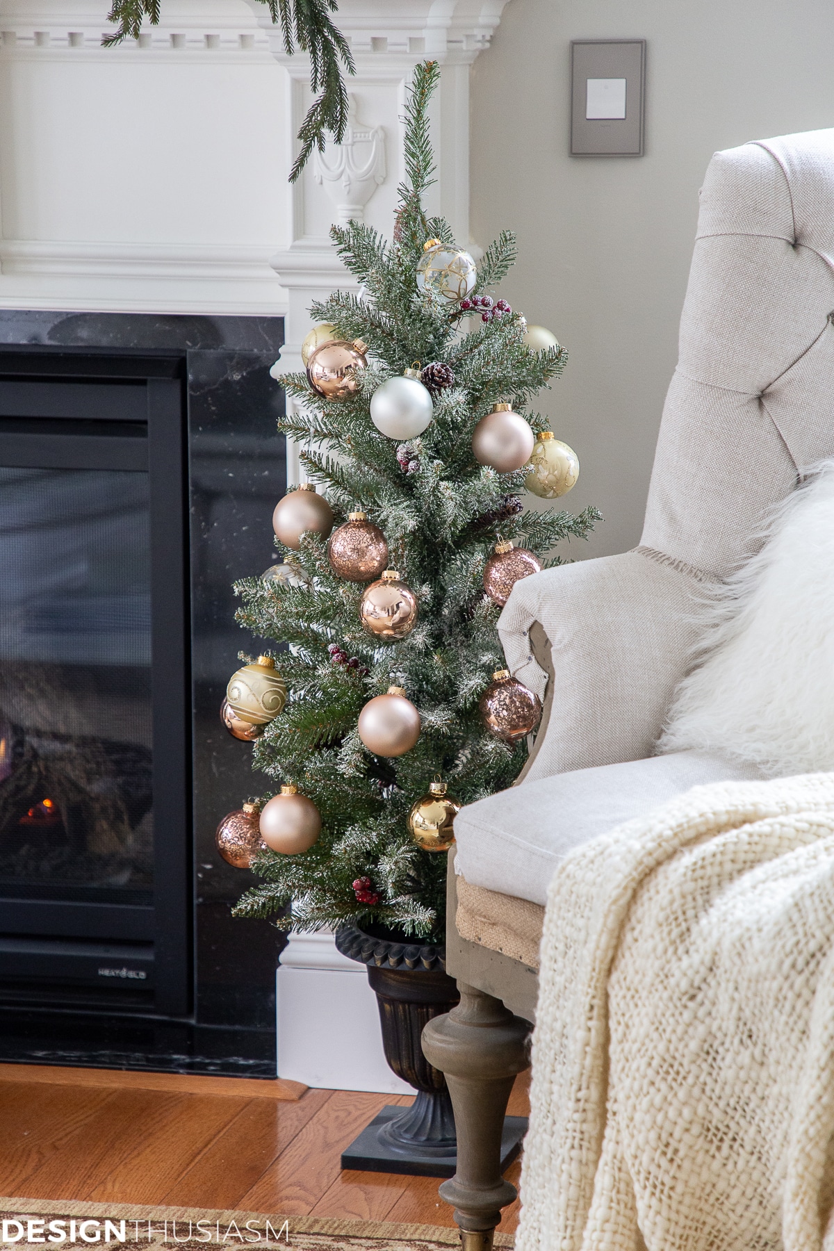 Christmas living room with metallic ornaments