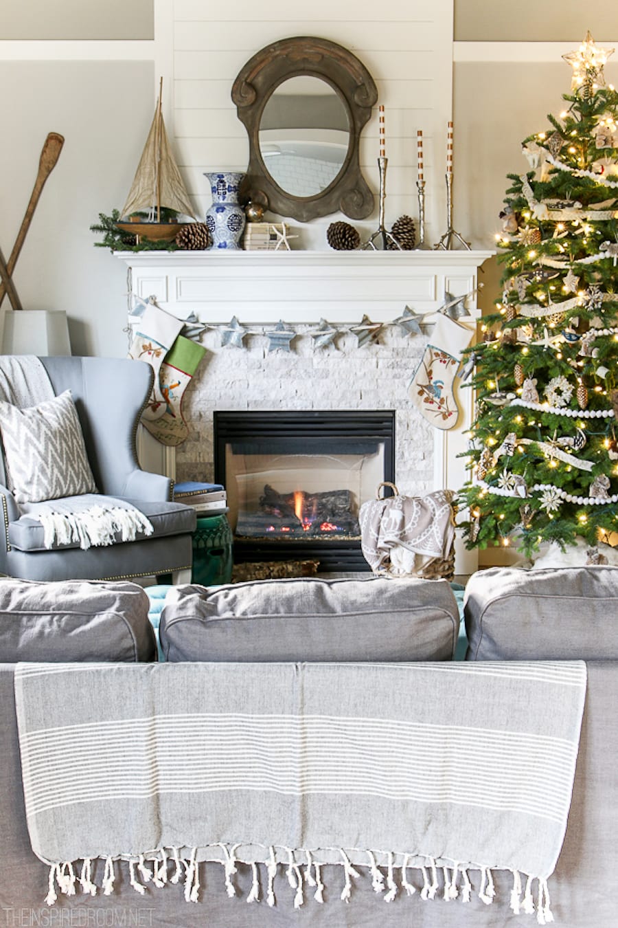 How to hang garland wreaths stockings without nails - Christmas-House-Tour-The-Inspired-Room-Family-Room-Neutral-Christmas-Decorating