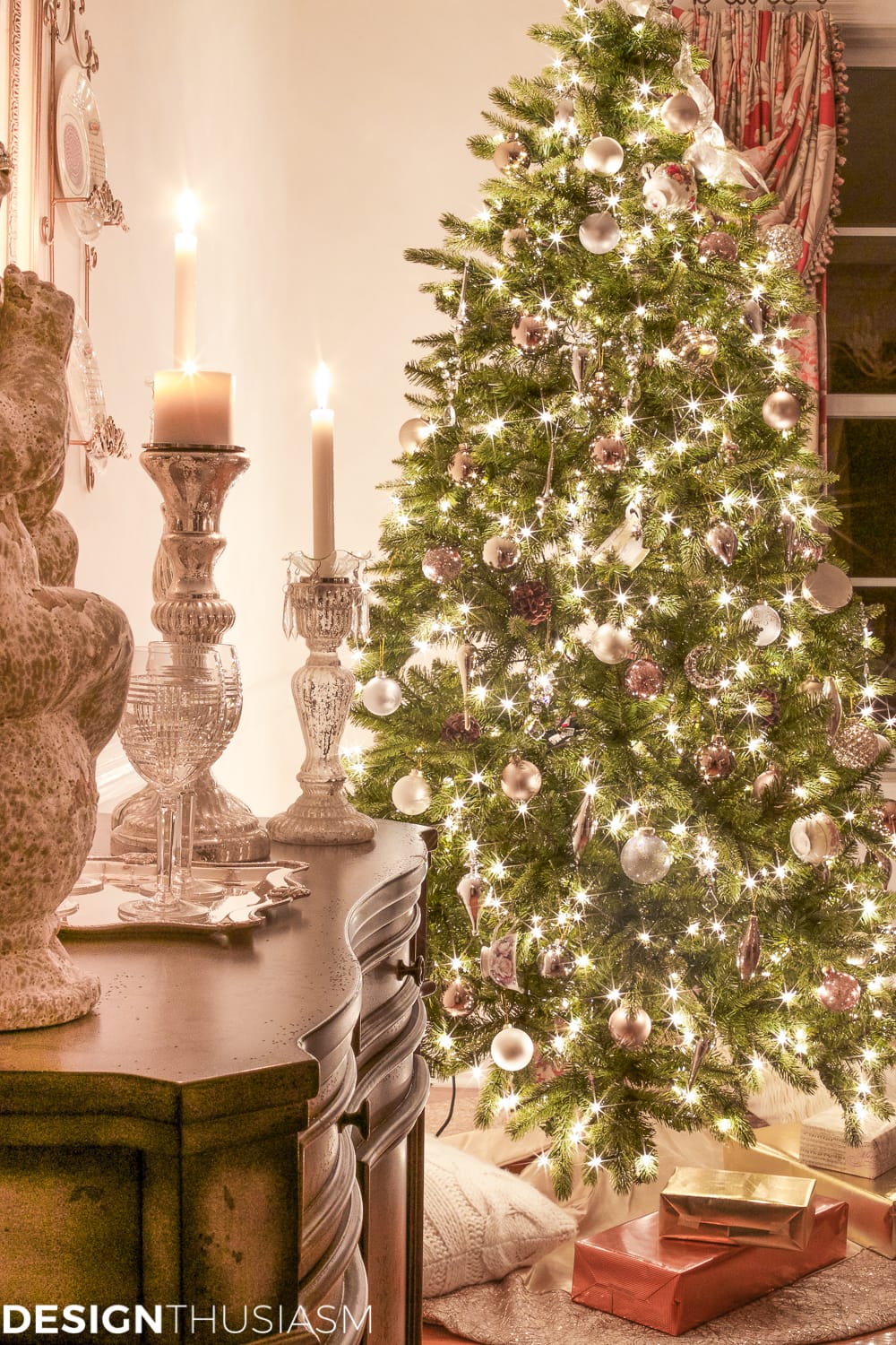 French Country Christmas tree decorations at night