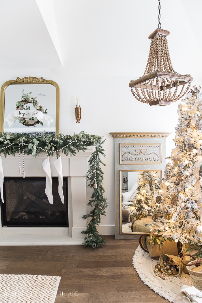 French Country mantel and Christmas tree decorations