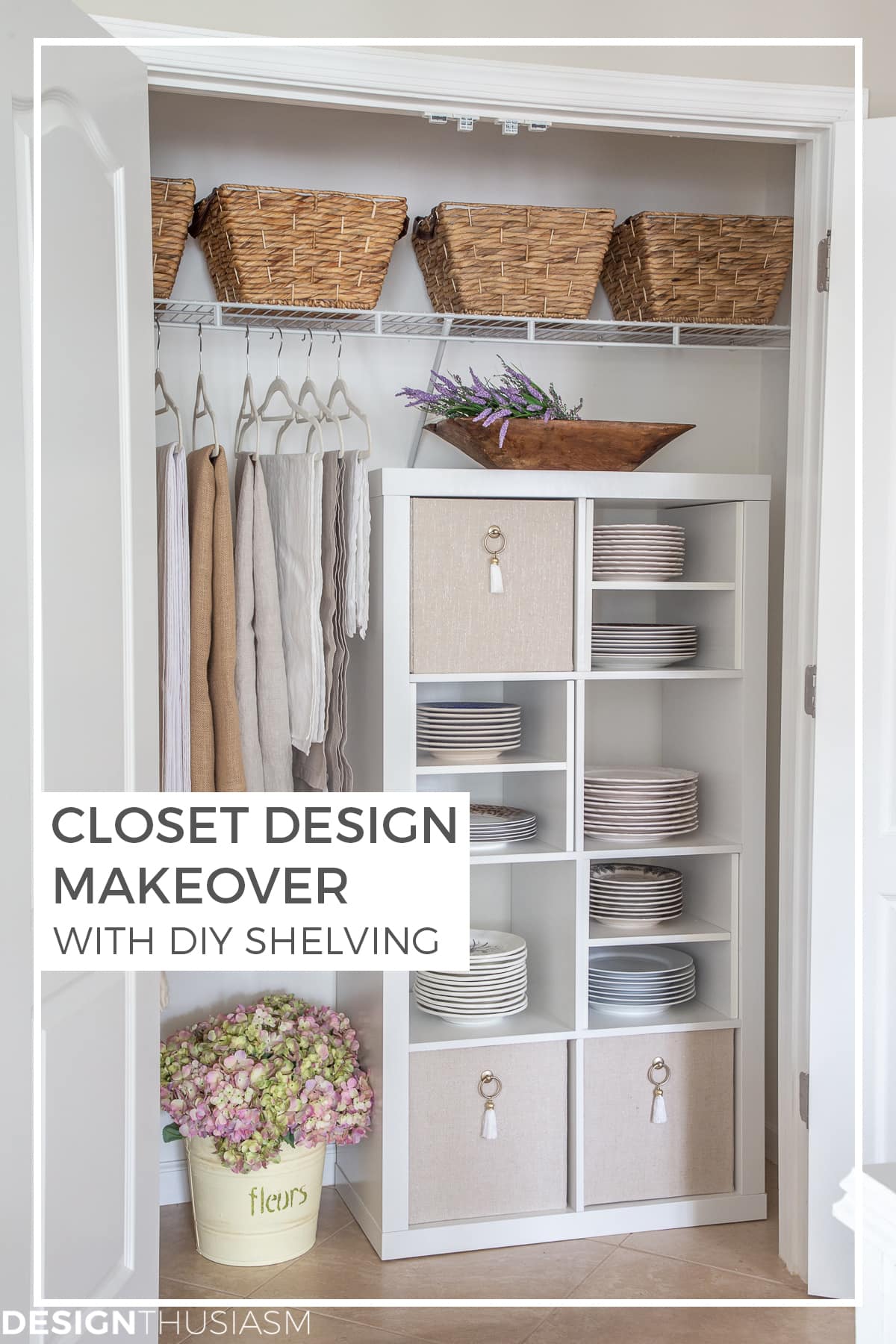 DIY closet shelving unit with plate storage