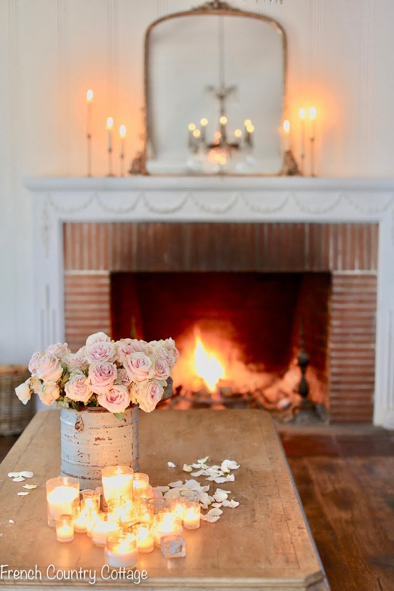 French country cottage living room winter decorating