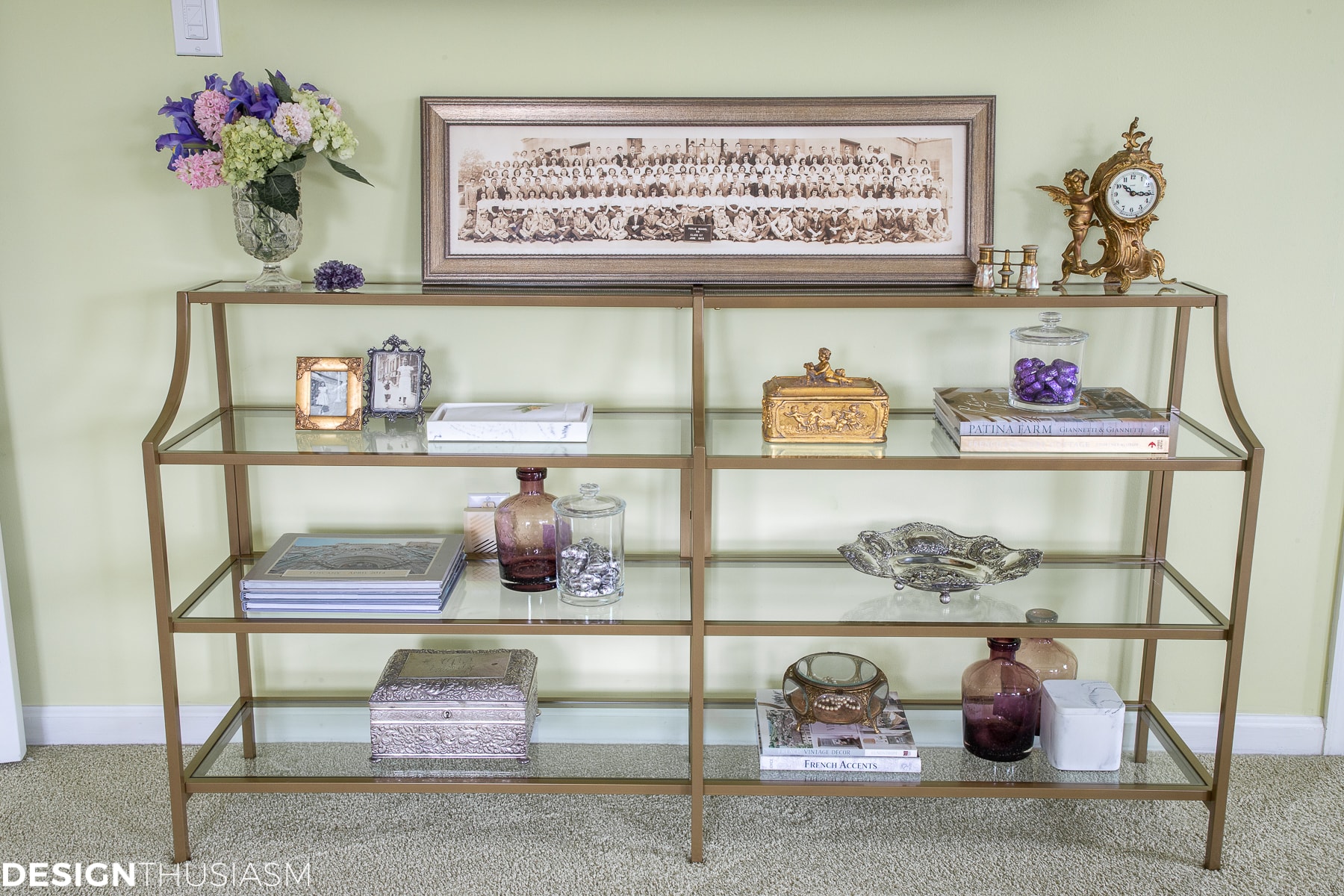styled shelf unit in the bedroom