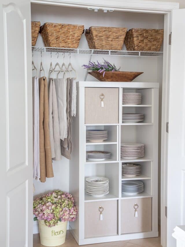 DIY closet shelving unit with plate storage