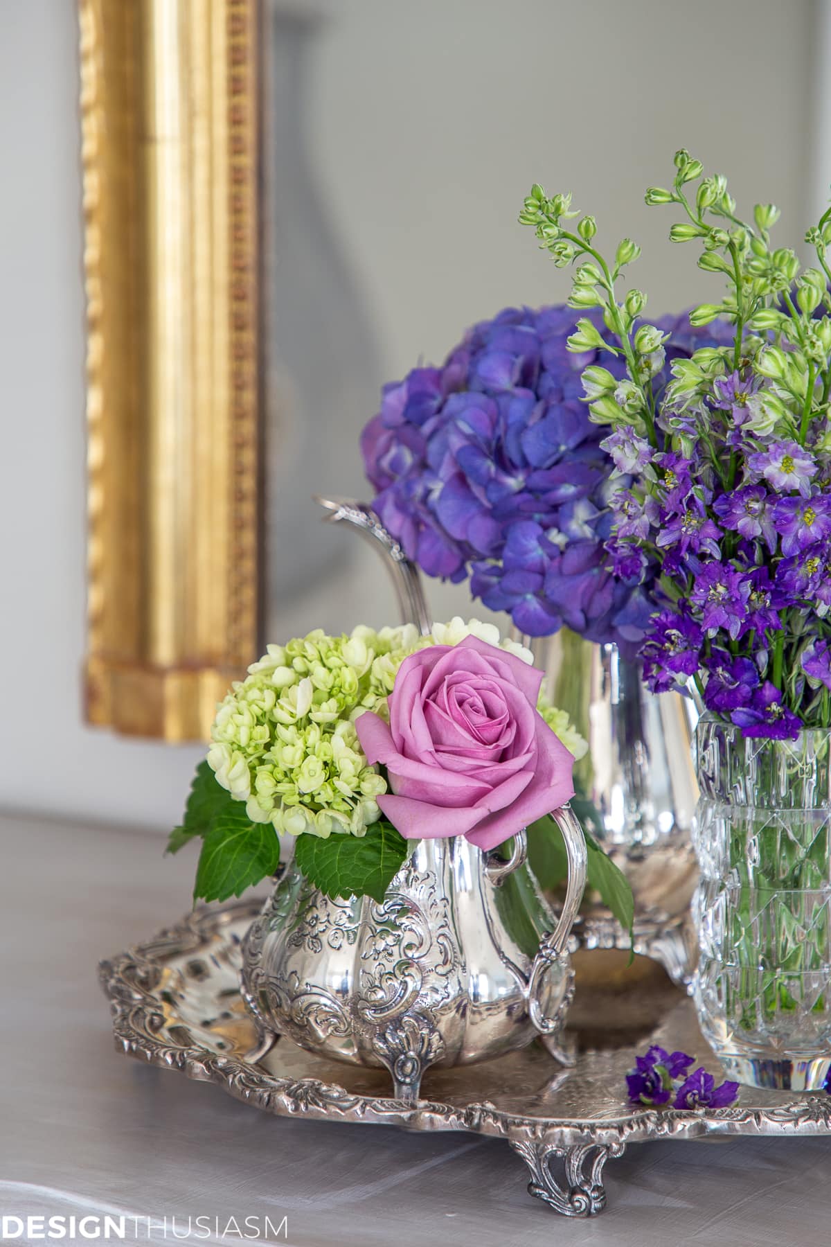 flower arrangements on vintage french painted dresser